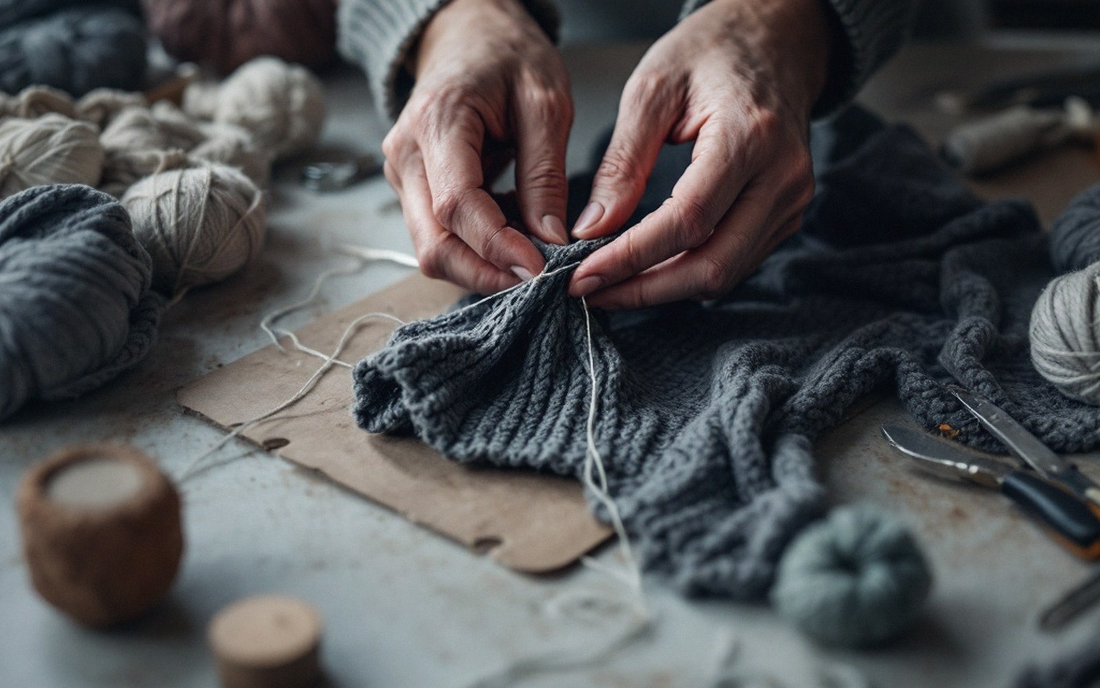 Hands stitching a needle and thread into a gray knitted sweater surrounded by yarn balls