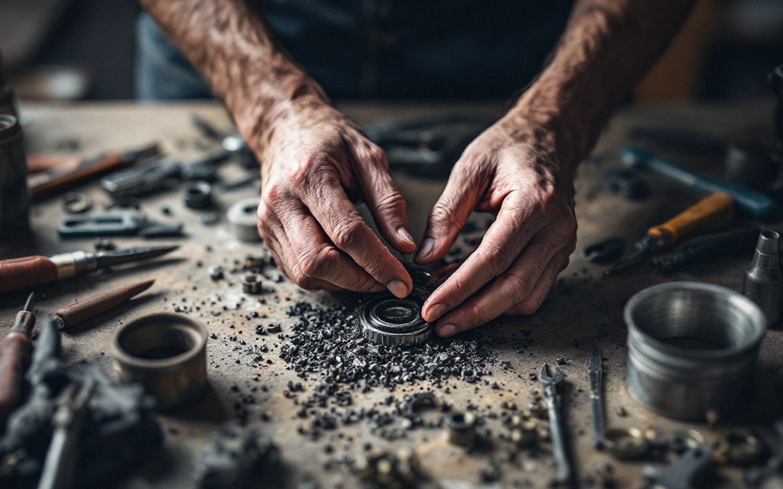 Weathered hands disassembling a small bearing amid metal shavings and tools on a workbench
