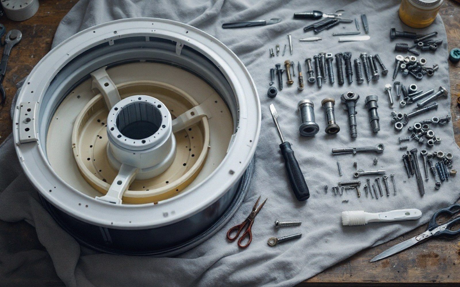 A washing machine drum assembly removed and laid on a workbench cloth, fasteners arranged in order to the right